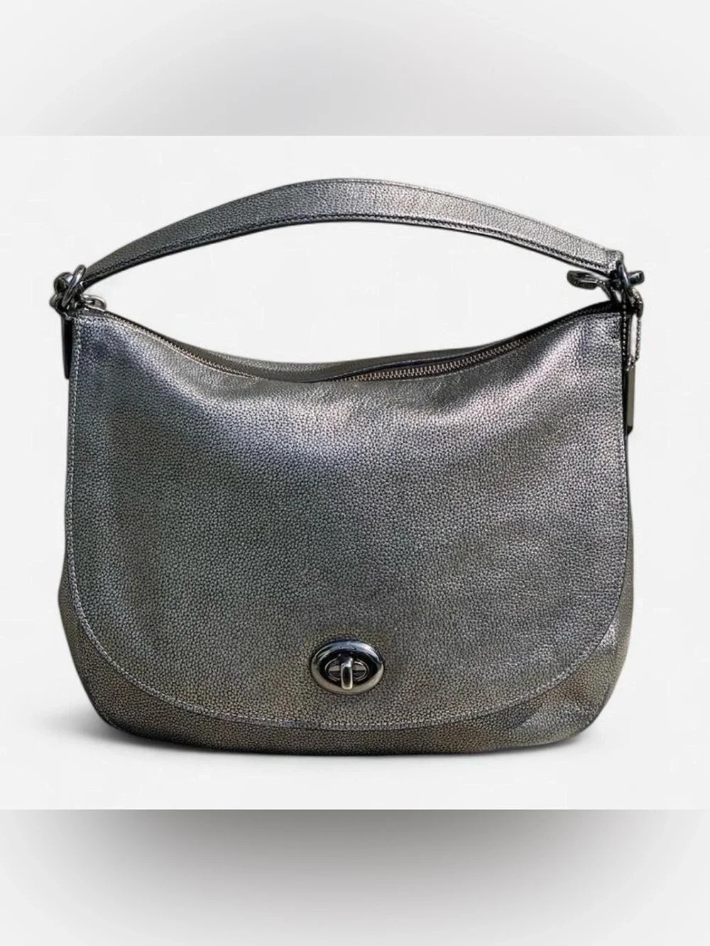 Coach Pebble Leather Turnlock Grey Metallic Hobo Bag